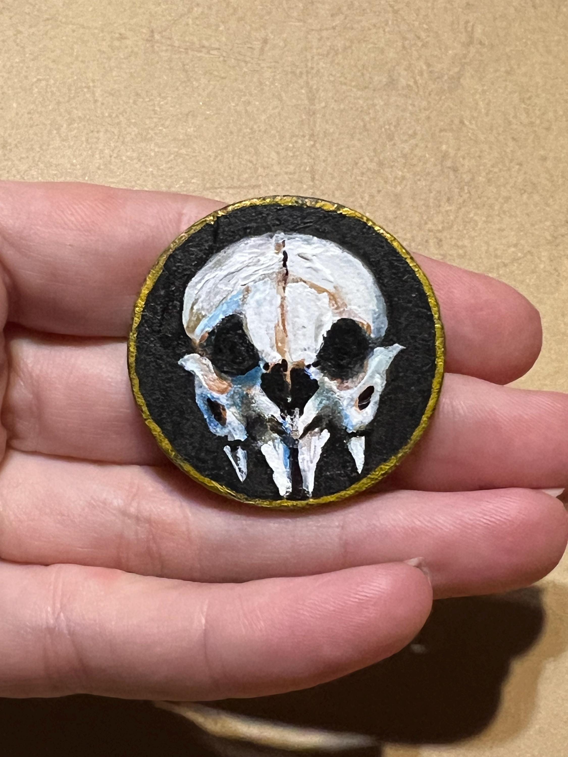 Vampire Skull & Vampire Bat Skull Handpainted Wooden Coin Token Tiny Painting