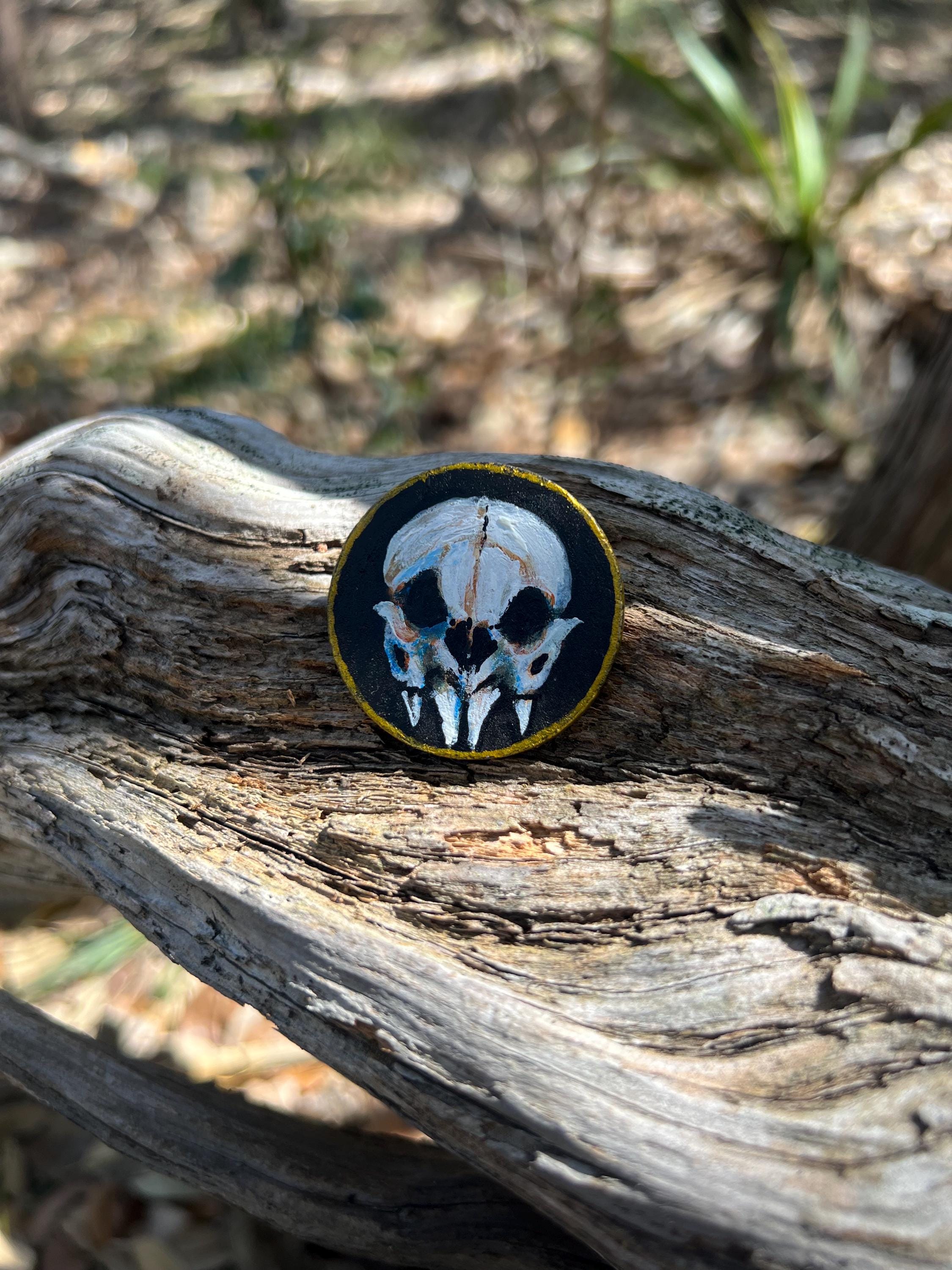 Vampire Skull & Vampire Bat Skull Handpainted Wooden Coin Token Tiny Painting