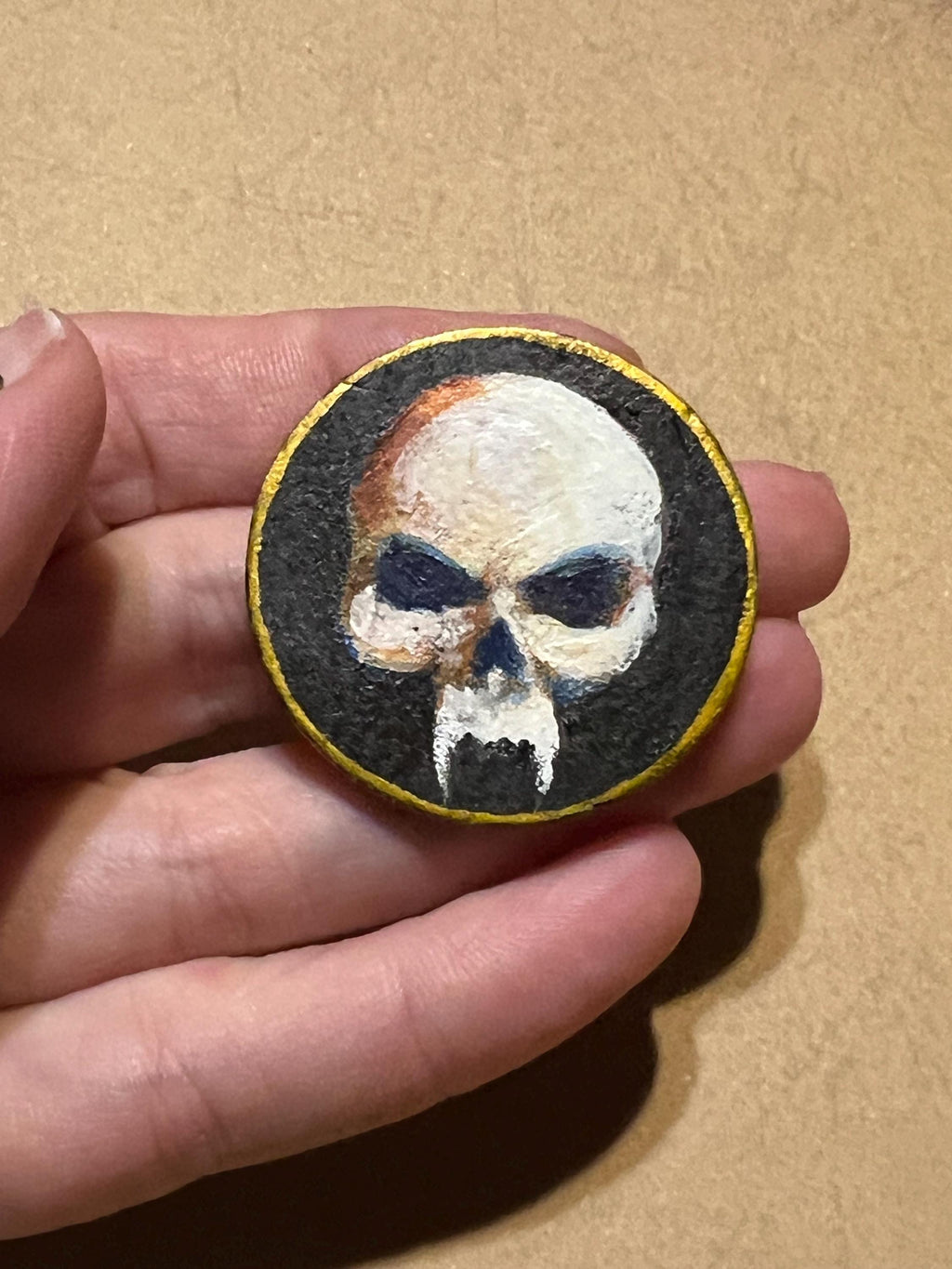 Vampire Skull & Vampire Bat Skull Handpainted Wooden Coin Token Tiny Painting