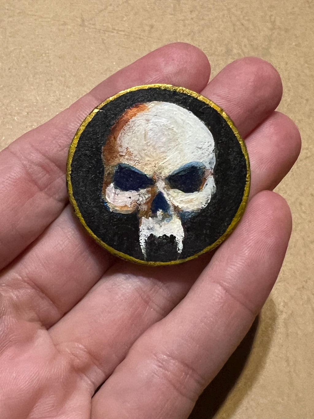 Vampire Skull & Vampire Bat Skull Handpainted Wooden Coin Token Tiny Painting