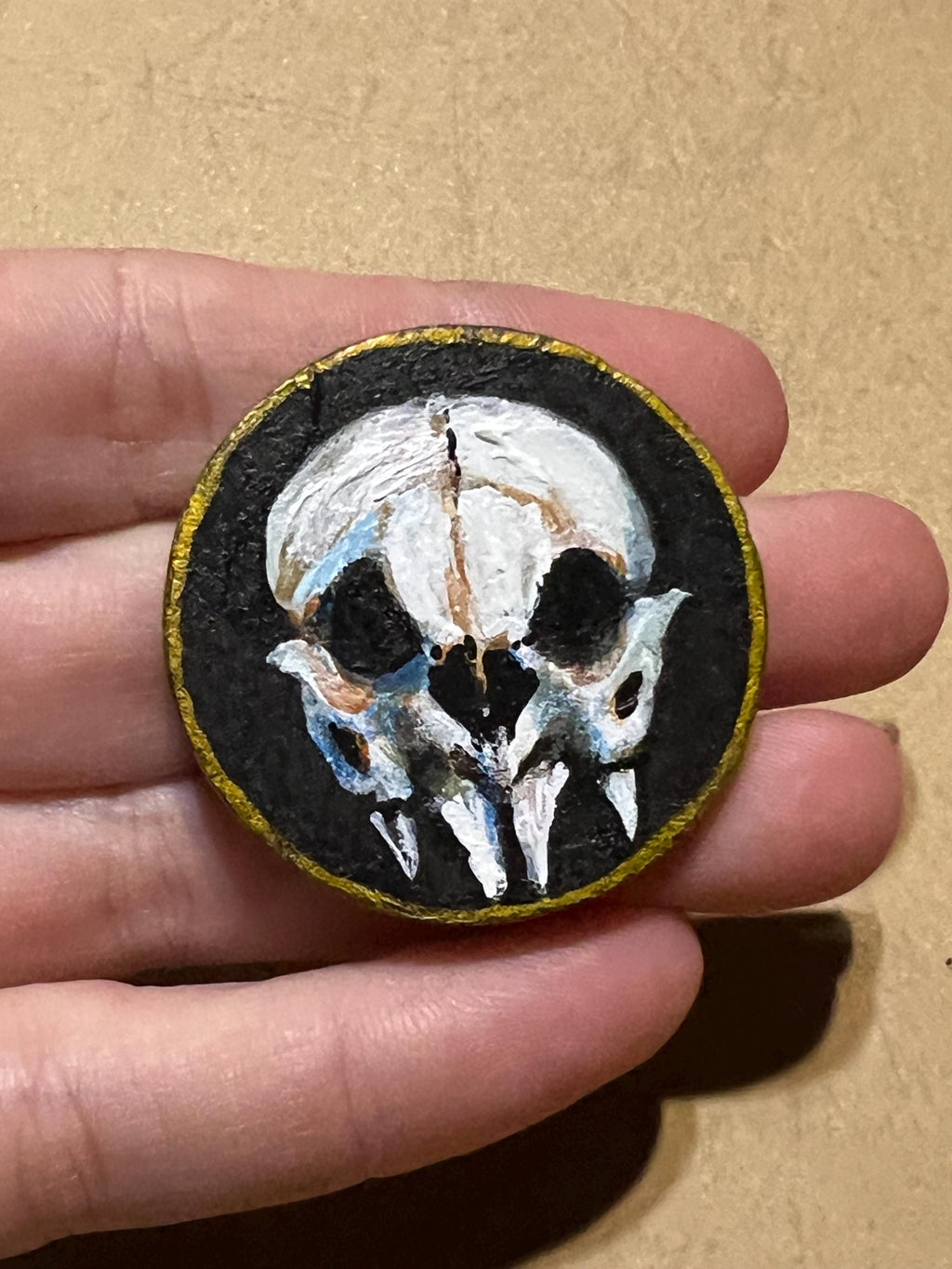 Vampire Skull & Vampire Bat Skull Handpainted Wooden Coin Token Tiny Painting