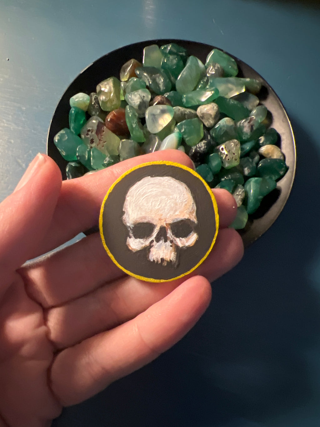 Handpainted Wooden NFToken Memento Mori Skull and Flower Tiny Painting