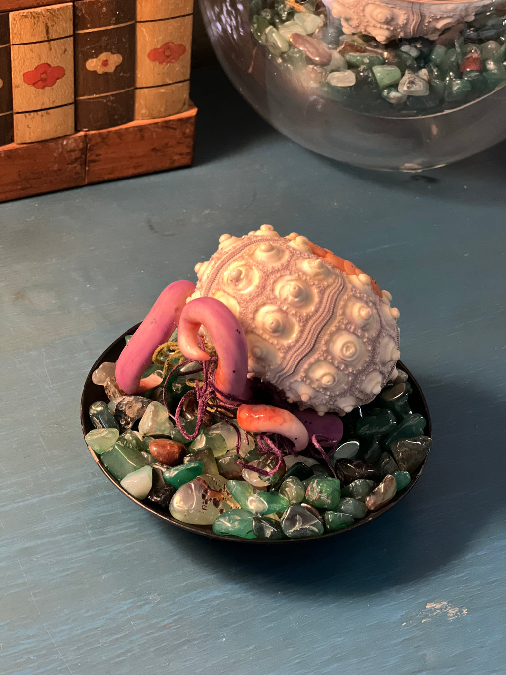 Hand sculpted from polymer clay and nestled inside a natural sea urchin skeleton, every hatchling possesses its own unique personality and expression.