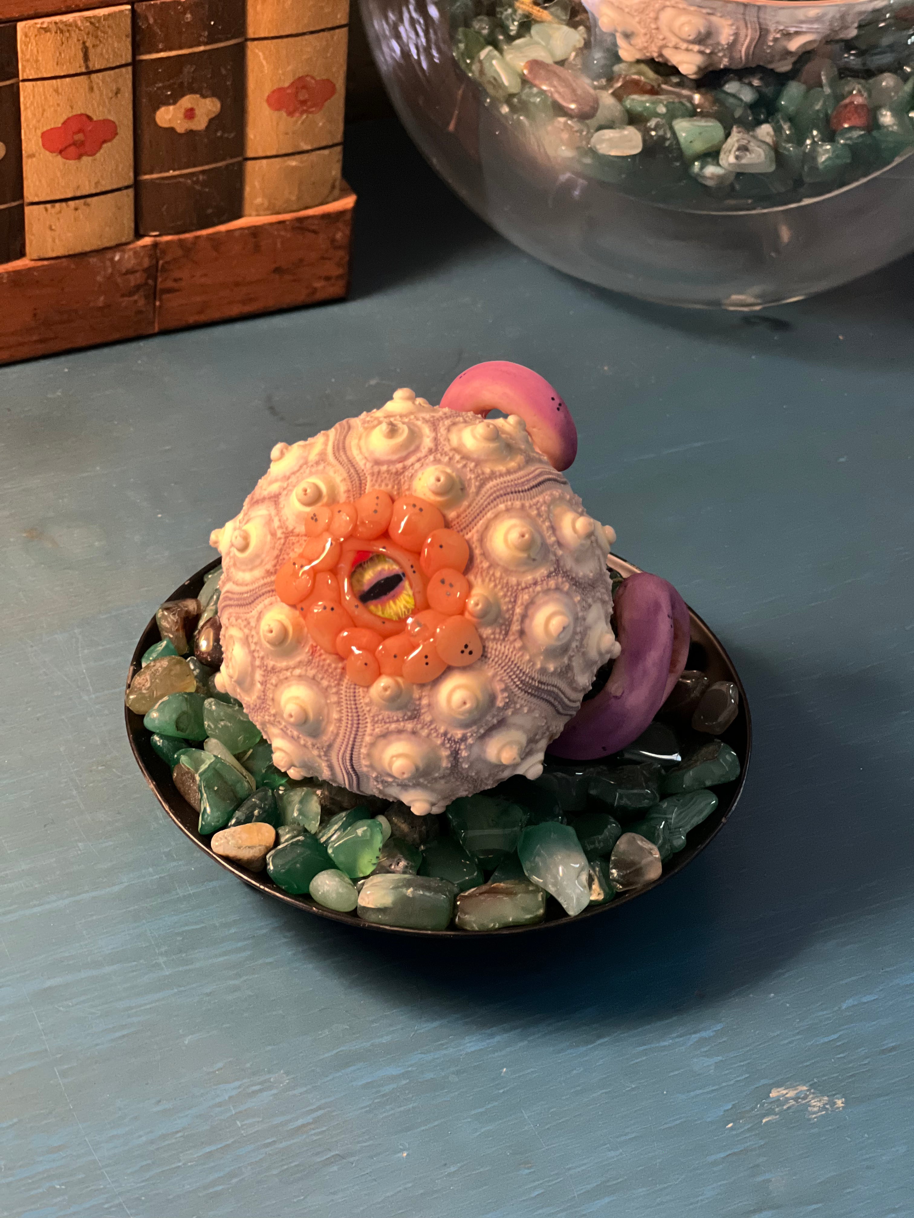 A decorative sea urchin shell centerpiece displayed on a small black plate filled with green stones, set on a blue surface with a blurred glass bowl and wooden block in the background.