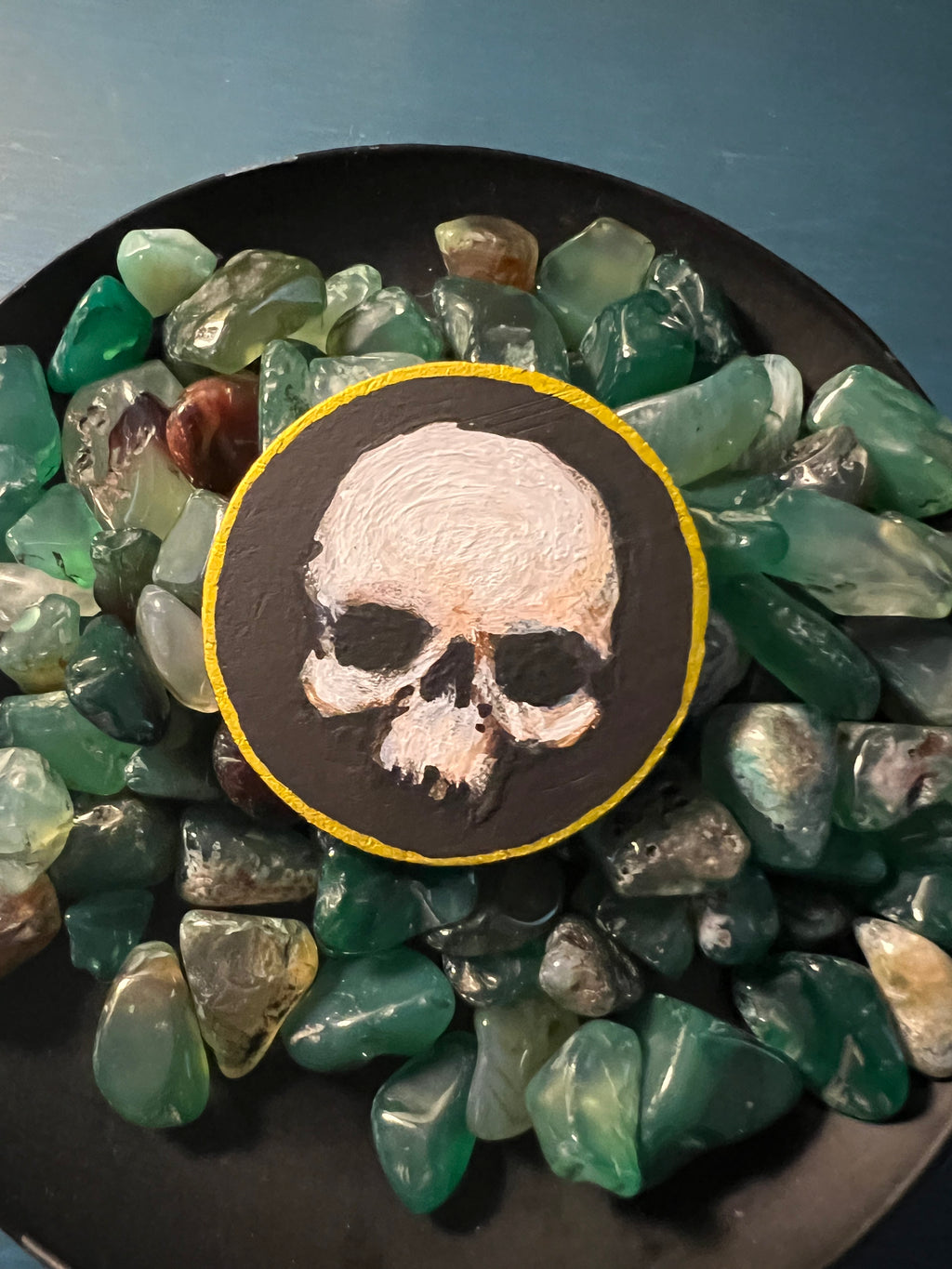 Handpainted Wooden NFToken Memento Mori Skull and Flower Tiny Painting