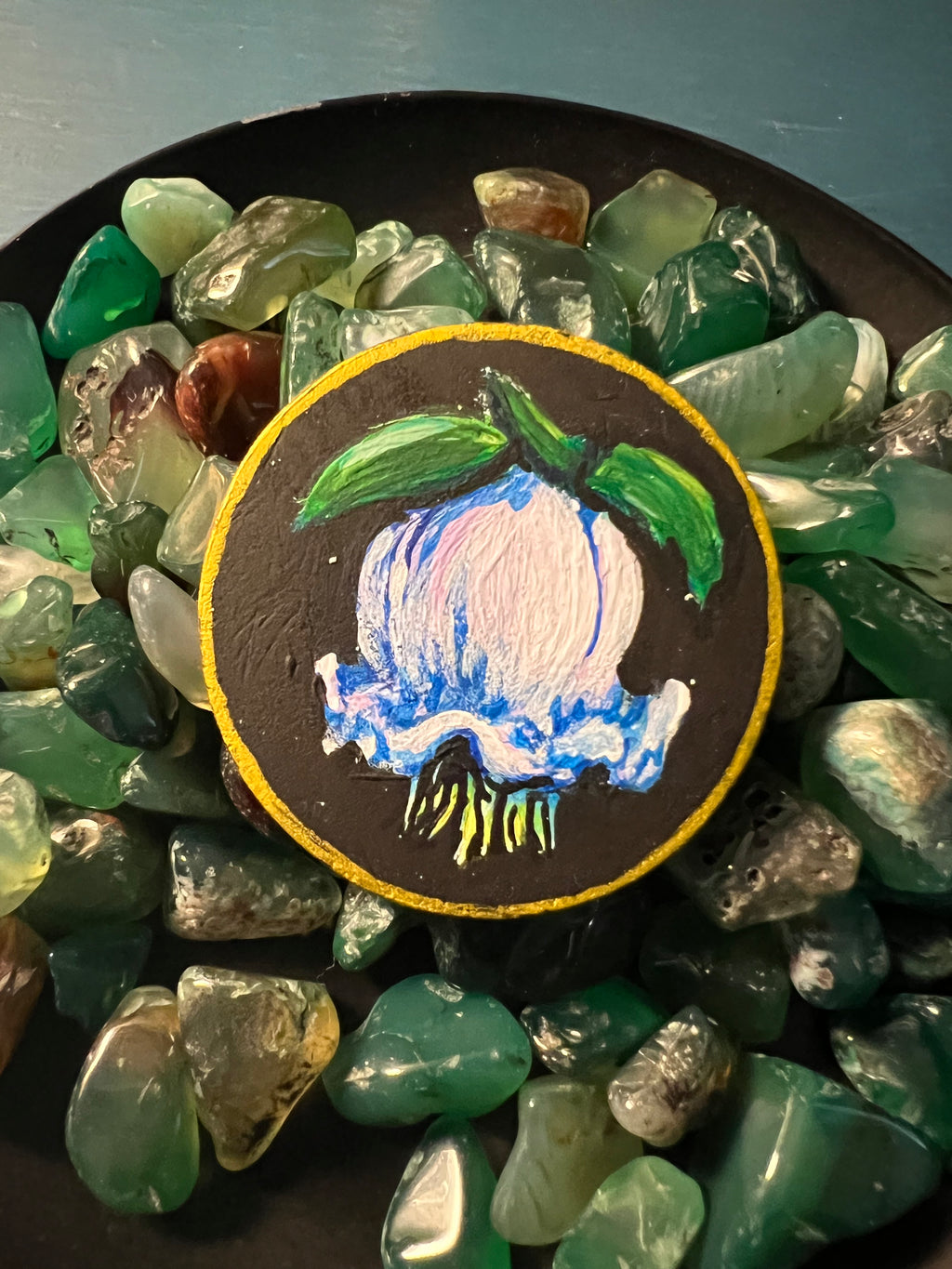 Handpainted Wooden NFToken Memento Mori Skull and Flower Tiny Painting