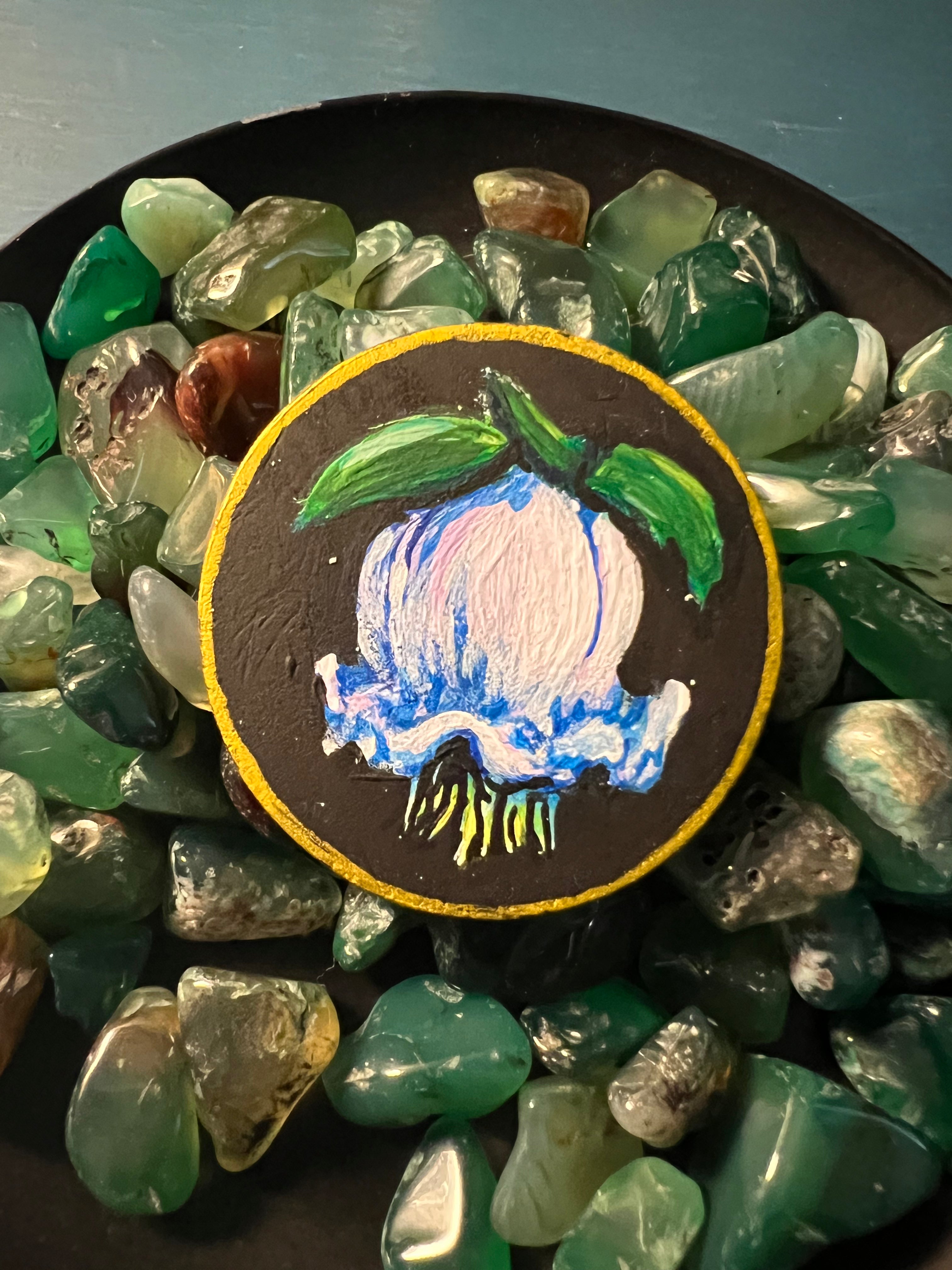 Handpainted Wooden NFToken Memento Mori Skull and Flower Tiny Painting