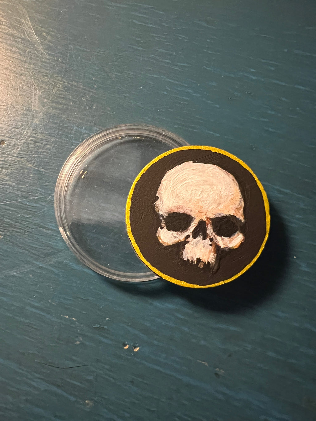 Handpainted Wooden NFToken Memento Mori Skull and Flower Tiny Painting