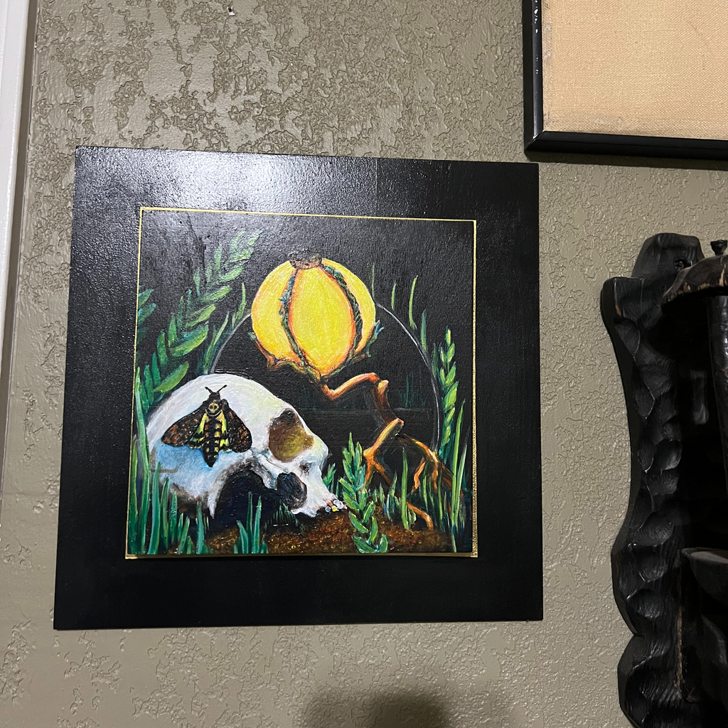 Memento Mori Skull Painting with a lamp, mirror and moth. This painting is by aLayman