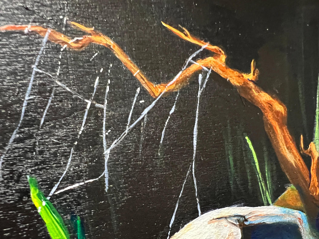 Close-up of a painted scene showing a brown branch or root against a dark black background, with white streaks and small green and blue areas.