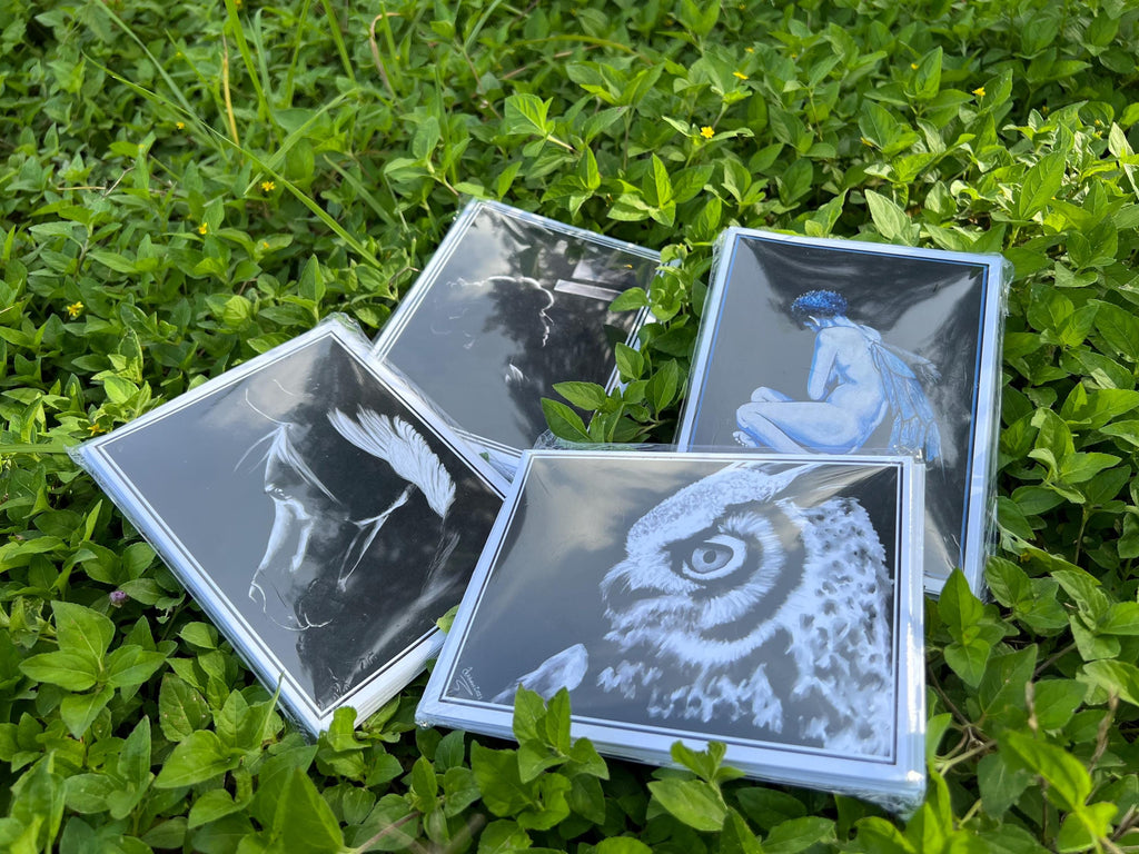 Four other packs of notecards, each printed with a different black and white animal or figure design, arranged on green grass.