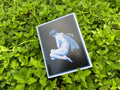 A rectangular art print or postcard featuring a pale blue winged nude figure on a dark background, placed on green leafy foliage outdoors.