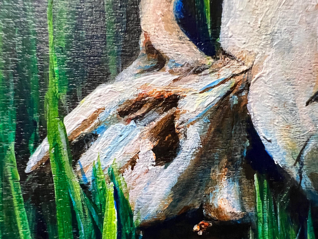 Close-up of an acrylic painting depicting textured skull with vibrant green grass-like strokes against a dark background.