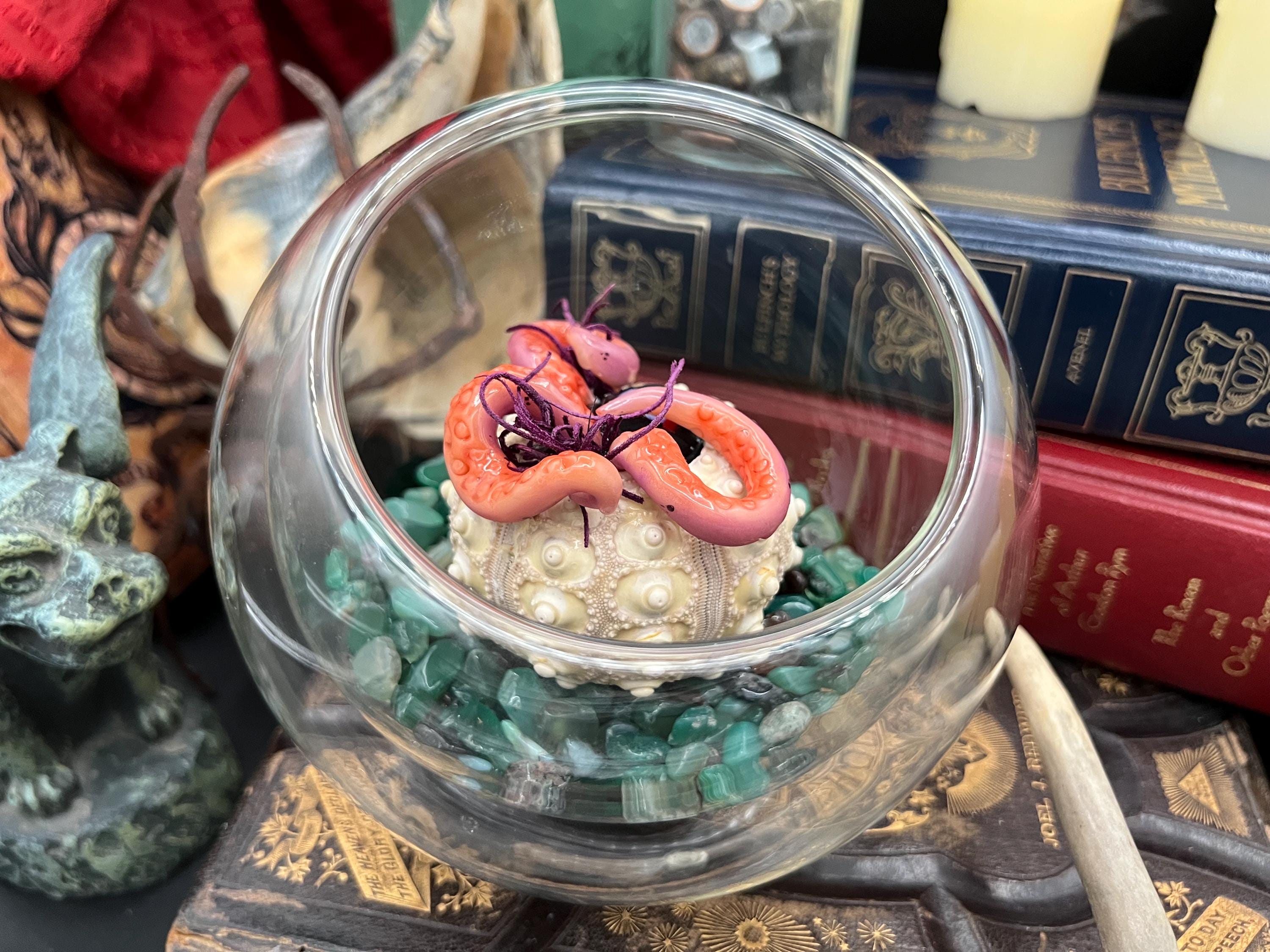A clear glass bowl filled with green stones and a white textured center, decorated with a pink and purple coiled coral-like piece, styled among books and decorative objects.